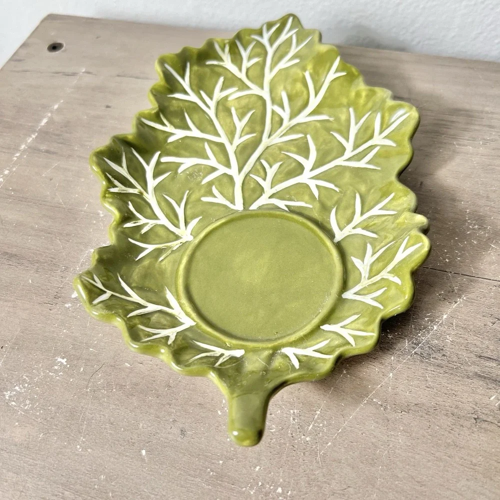 Vintage MWW Market Green Leaf Ceramic‎ Relish Dish Spoon Rest 9.25